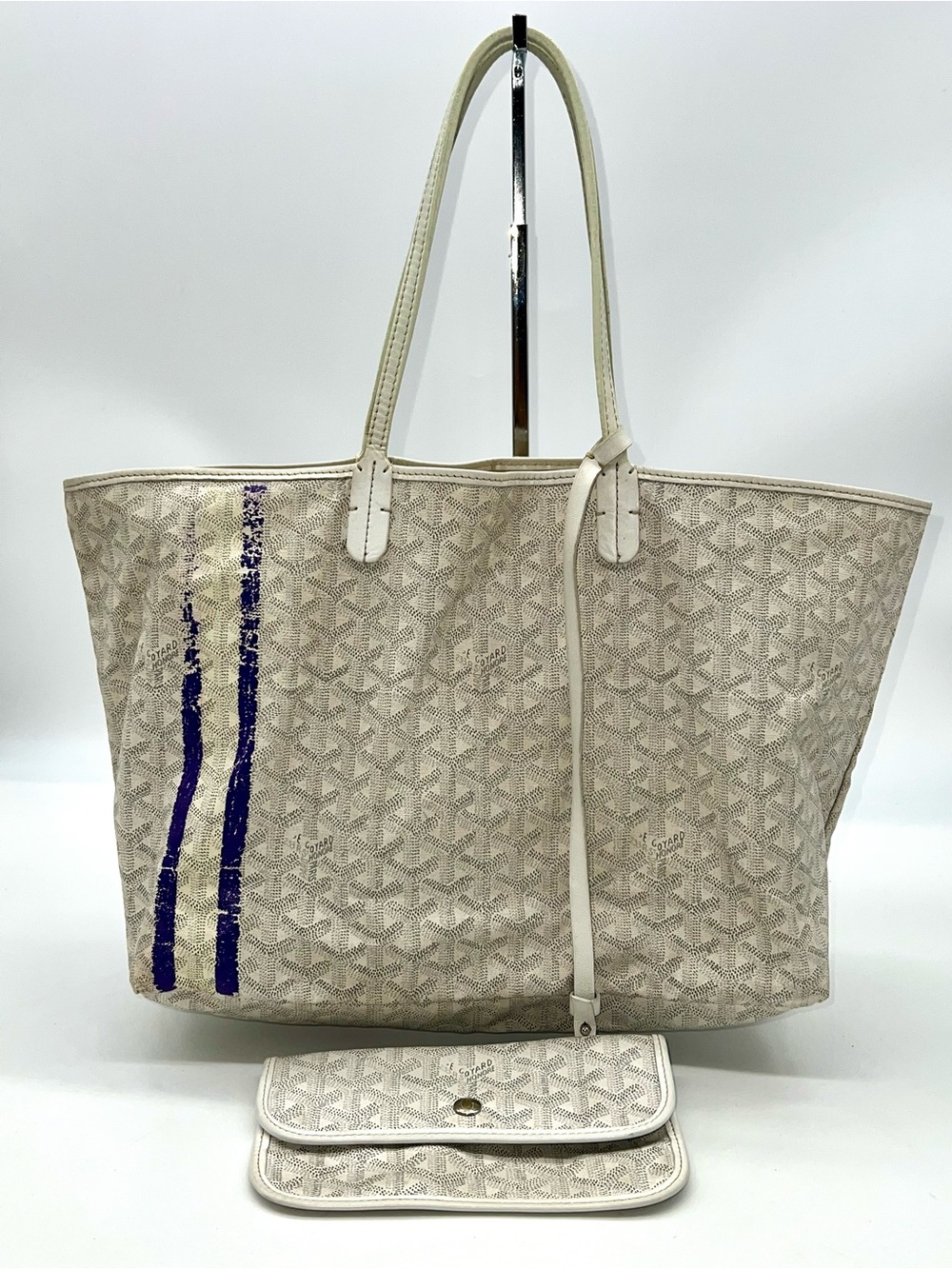 Auth. Vintage Goyard St. Louis PM in White/Gray w/Detachable Original Pouch